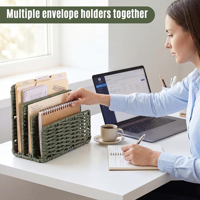 Paper Rattan Mail Organizer for Desk Mail Holder Countertop with 3 Slot Paper Rattan Letter Sorter File Holder Envelope Book Stand Farmhouse Office Desk Organizer and Storage Accessories