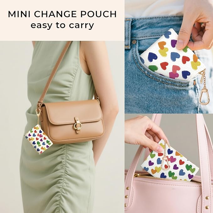 Love Hearts Keychain Coin Purse for Women, Small PU Leather Change Pouch, Zipper Little Tiny Travel Wallet for Girls, Cute Kawaii Zip Pocket Coin Holder with Key Ring