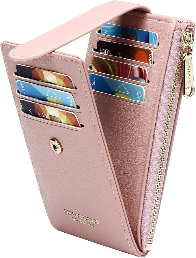 Badiya Slim Women Wallet RFID Blocking Bifold Compact 9 Card Slots Holder Wallets Soft Leather with Zipper Coin Pocket 2 ID Window