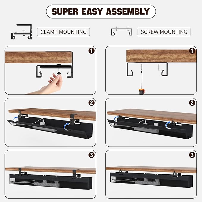 No Drill Under Desk Cable Management Tray, Nonkky Cable Management Under Desk, 40.2" Fabric Cord Hider - Clamp/Screw Mount, Cord Organizer for Office, Home - Supports Up to 40lbs