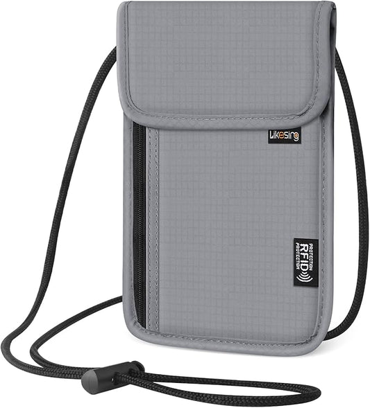 Likesing 5.5" L x 7.9" W Travel Neck Wallet, RFID Blocking Passport Holder for Travel Women Men, Security Lightweight Travel Wallet, Neck Passport Pouch Gifts for Traveling(Light Grey)