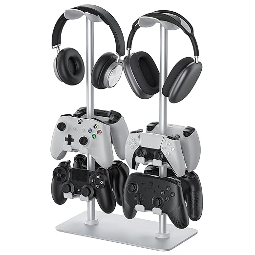 MANMUVIMO Headset Controller Stand for 2 Headset and 8 Controller, Headphone Stand Gaming Controller Holder for PS5 Xbox Airpods Beats Bose, Gaming Room Accessories, Gamer Gifts for Men (White)