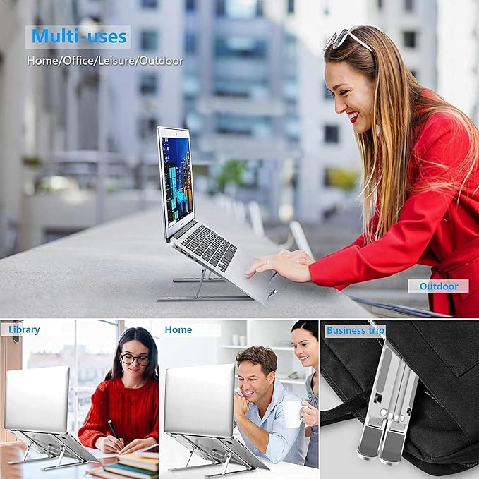 Ergonomic 7-Levels Angles Adjustable Laptop Stand, Portable Laptop Stand for Desk, Aluminum + Silicone Foldable Ventilated Cooling Laptop Riser for 10-17” Laptops, Tablets (Silver)