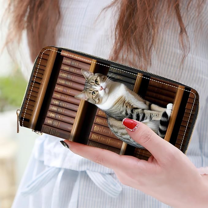 Women's Large Capacity Wallet PU Leather Zip Around Clutch Purse Multifunctional Wallet with Removable Wristlet Strap for Smart Phone/Coin/Card/Cash, Cat On Bookshelf