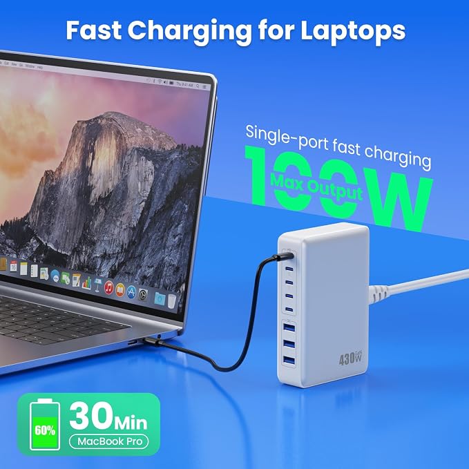 USB C Charger 430W USB C Charger Block, 8-Ports GaN IV Fast Charging Station Hub,PD 100W Laptop Charger Adapter,for MacBook Pro/Air/iPad/iPhone16/15/14/Apple Watch/DELL/Samsung for Home Office