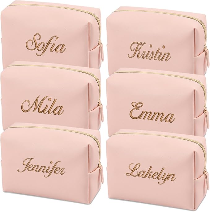 GOPHIE Embroidered Large Make up Bag,Personalized Skincare Bag,Cosmetic Travel Bags for Women Gift For Wedding,Set of 6, Pink