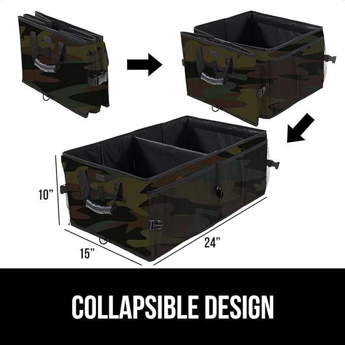 GORILLA GRIP Large Capacity Sturdy Trunk Storage Organizer, Slip and Water Resistant Collapsible Organization Container for Car Sedan or SUV, Multi Compartment Box Vehicle Accessories, Camo