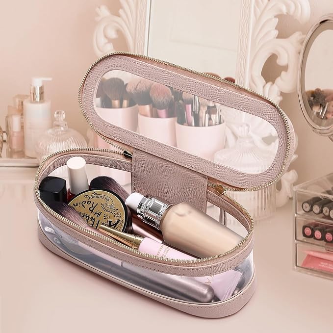 Pinkmik Makeup Brush Case Clear Travel Cosmetic & Toiletry Bag Slim Makeup Bag with Zipper Small Purse Organizer Car Essential Bag for Women (Pink, SLIM L)