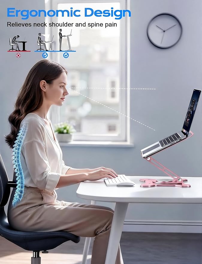 Adjustable Laptop Stand for Desk, 360° Rotating Base Ergonomic Computer Stand, Laptop Riser Foldable Protable for Office Home Fits Compatible with MacBook Pro/Air Notebook up to 10-16" Pink