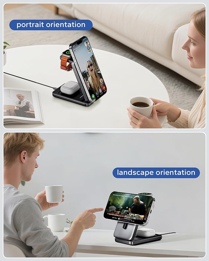 KPON Foldable 3in1 Charging Station for Magsafe, Travel Phone and Watch Charger for Apple, Wireless Charging Dock for Multiple Devices iPhone 17 16 15 14 13 12 Series/Apple Watch/Airpods