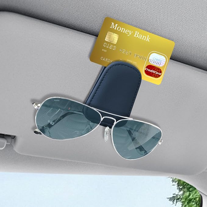Sunglass Holder for Car, Sunglasses Clip for Car Visor, Magnetic Leather Vehicle Eyeglass Hanger Clip, Auto Ticket Card Glasses Organizer Clamp Accessories for SUV Sedan (Blue)