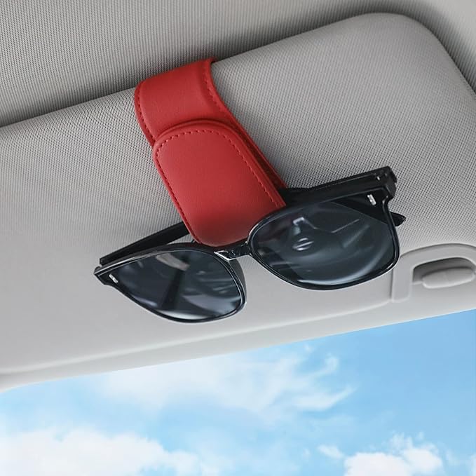 KanSmart Sunglass Holder for Car Visor Sunglasses Clip Magnetic Leather Glasses Eyeglass Holder Interior Car Accessories for Woman Man - 2 Packs Red