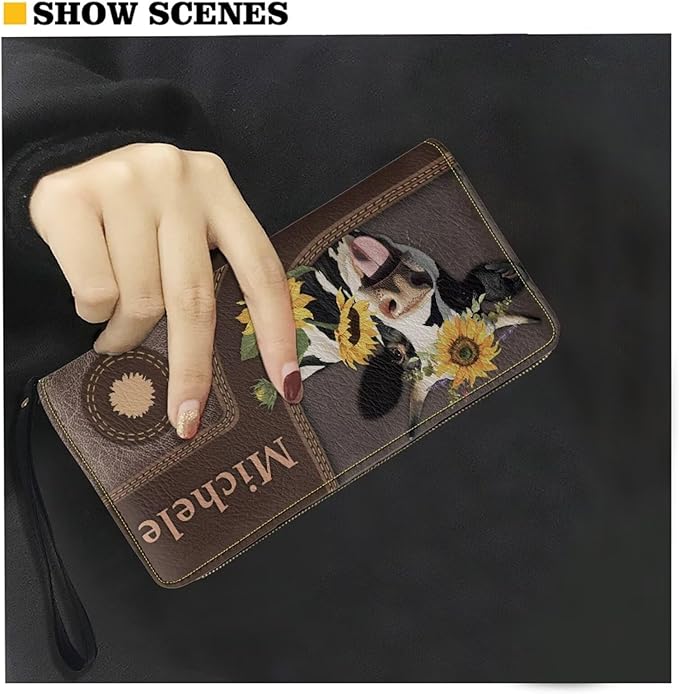 Bulopur Personalized Wallet Wristlet for Women PU Leather Sunflower Cow Print Clutch Purses for Ladies Waterproof Phone Holder Zip Around