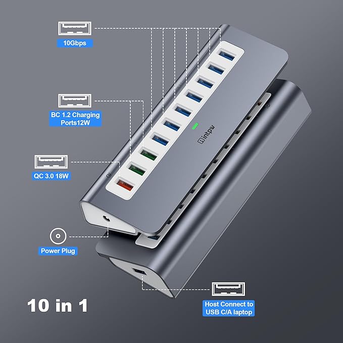 Powered USB Hub 10Gbps, 10 Port USB 3.2 Gen 2 Hub with 7 USB 3.2 Data Ports, 3 Fast Charging Ports, 36W Power Adapter, Type A and Type C Cable, Aluminum USB Data Hub for Mac, PC, Laptop