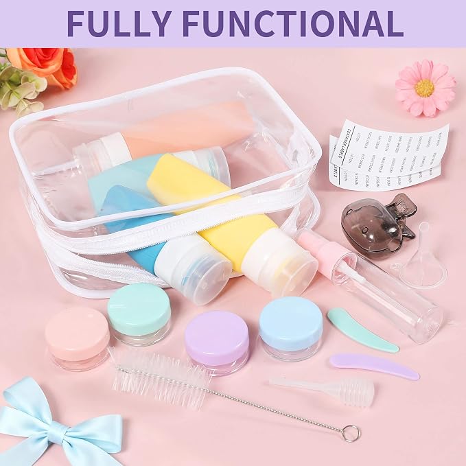 19 Pack Travel Bottles for Toiletries - TSA-Approved Leak-Proof Silicone Containers with Cream Jars Spray Bottles Funnel Brushes & Labels - Portable Refillable Kit for Shampoo Lotion & Conditioner