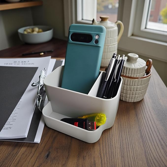 Desk Organizer with Phone Holder – Minimalist Office Storage for Pens, Accessories & Essentials – Modern Aesthetic Desk Organizer (Beige)