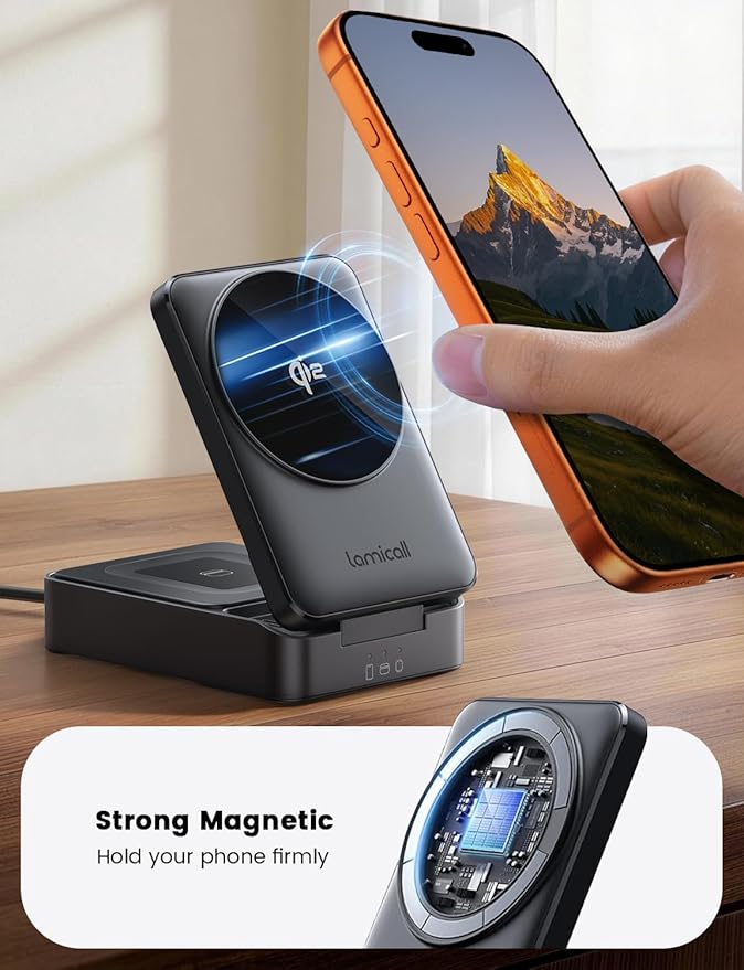 Lamicall Qi2 Certified Foldable 3 in 1 Wireless Charging Station - [15W Fast Charge & Upgraded Cooling] Compact Travel Magnetic Charger Stand for iPhone 17e 17 16 15 14 13, AirPods Pro, Apple Watch