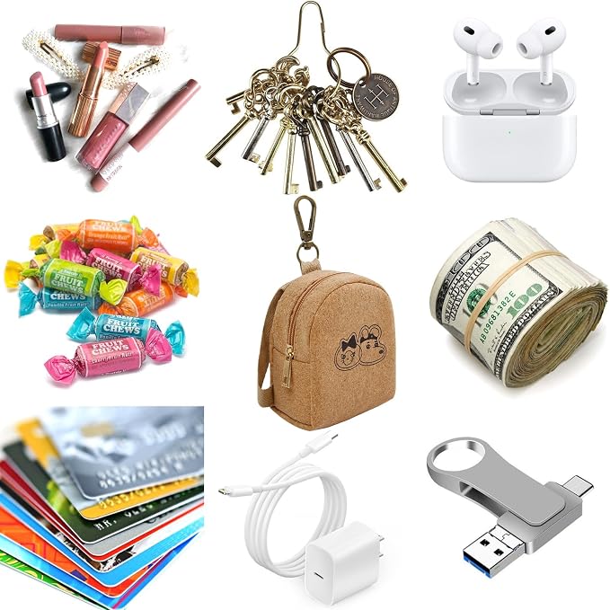 AIBFRID 4Pcs Mini Backpack Keychain,Cute Cosmetic Bag for Women,PU Leather Makeup Bag Key Pocket Lipstick Bag Card Holder Data Cable Organizer Zipper Pouch (Brown Kraft Paper)