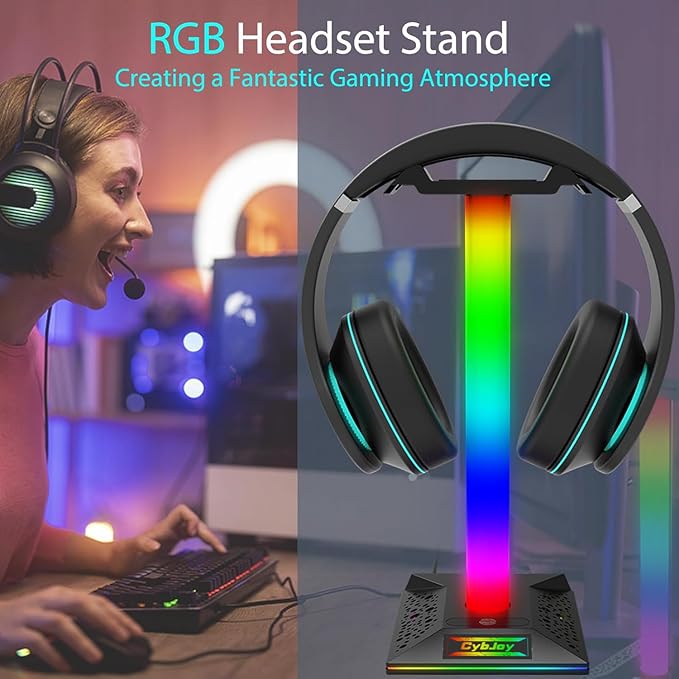 Gaming Headphone Stand PC Accessories - RGB Headset Stand with 2 USB and 1 Type-C Ports, LED Headphone Stand Gift for Boys Men, Computer Game Accessories for Desk