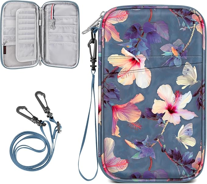 FINTIE Family Passport Holder for Travel, 6 People Big Capacity RFID Blocking Travel Document Organizer Clutch Bag with Pen Holder Keychain Credit Cards Case Cover for Women Men, Blooming Hibiscus