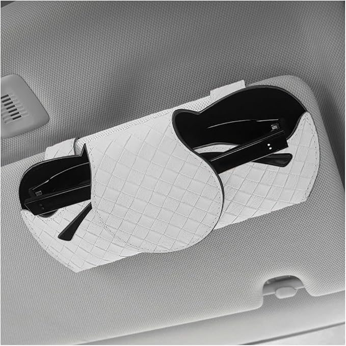 Sunglasses Holder for Car Visor, Auto Soft Leather Glasses Case with Magnetic Clips, Car Sun Visor Eyeglasses Holder Protective Box, Universal Interior Car Accessories (White)