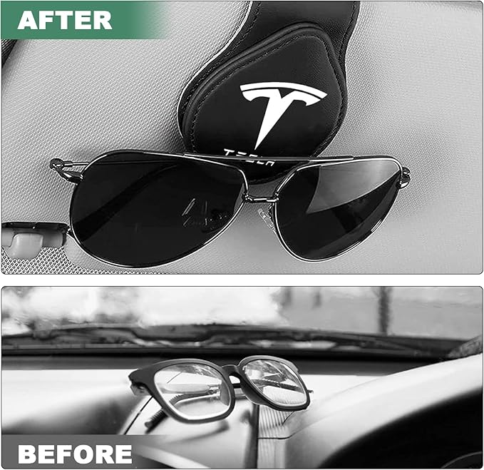 2 Pack Sunglasses Holder Compatible with Tesla Model 3 Y X S Semi Cybertruck Leather Magnetic Glasses Mount Holder Eyeglasses Sunglasses Clip Visor Sunglass Holder Accessories (Black)