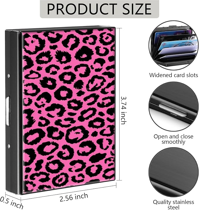 Credit Card Holder Pink Leopard Print Design Mini RFID Blocking Aluminum Wallet Slim Metal Hard Cover Shell Travel Wallet ID Cases Small Credit Cards Case Business Cards for Women Men Girls