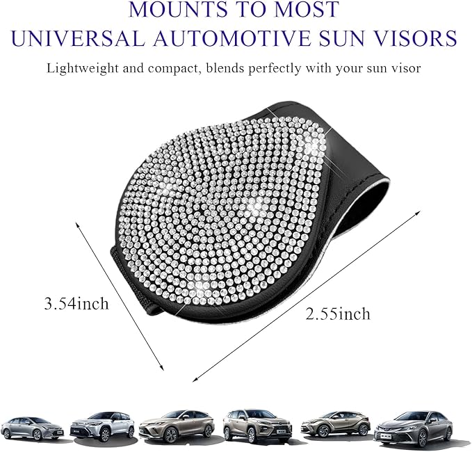 KVAEY Bling Sunglass Holder for Car Visor, Magnetic Leather Visor Clip Glasses Holder with Sparkling Rhinestones, Crystal Visor Ticket Card Clip for Women Girls, Car Accessories (Black & White)