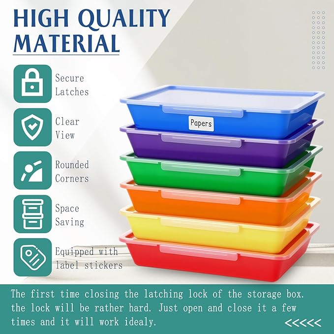 Tinlade 12 Pcs Classroom Paper Storage Bins with Clear Latching Lids Labels, Letter Size Stackable Flat Trays Container Paper Organizer for Teacher Back to School Office Arts Crafts (Rainbow,13x10in)