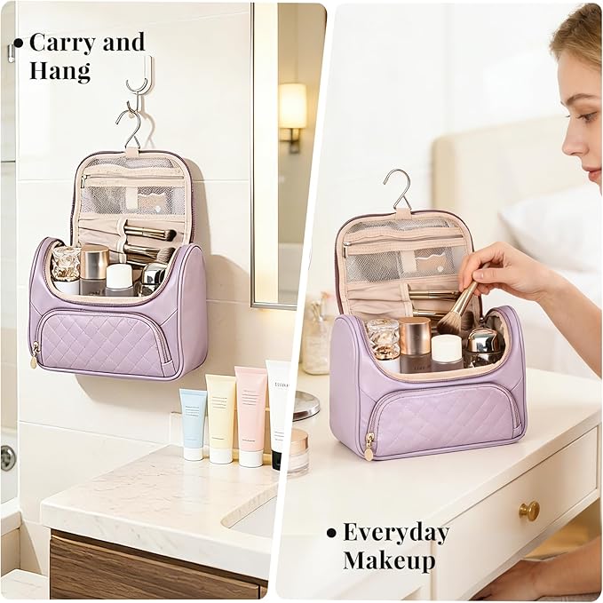 Greenfeather Cosmetic Bags for Women，Hanging Toiletry Bag with Makeup Brush Womens Travel Toiletry Bag for Women Essentials Travel Organizer for Full Sized Cosmetics and Toiletries Purple