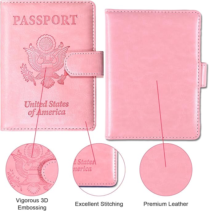 Sizobi Passport Holder for Travel, RFID Passport Cover Wallet for Women Men, Leather Passport Book Card Holder Case for International Travel Must Haves Accessories, Cruise Ship Essentials Gifts, Pink