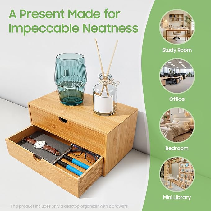 Bamboo Desk Organizer 2 Drawers Tabletop Storage Organization Box, No Assembly Needed for Home Office Storage, 12.99 * 7.48 * 6.3in (1 above & 1 below)