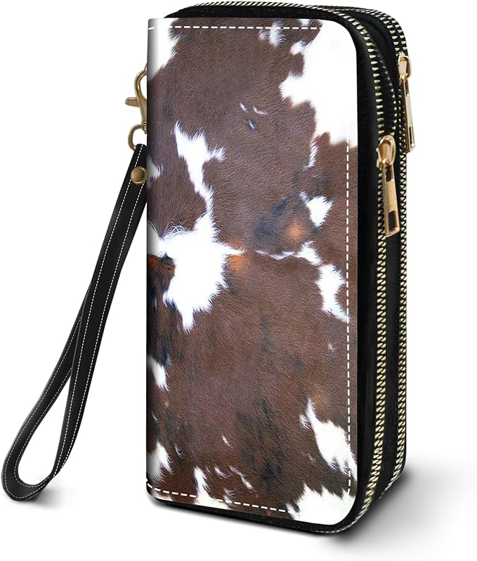 Women's Large Capacity Wallet PU Leather Double Zipper Clutch Purse Multifunctional Wallet with Removable Wristlet Strap for Smart Phone/Coin/Card/Cash, Brown Cow Print