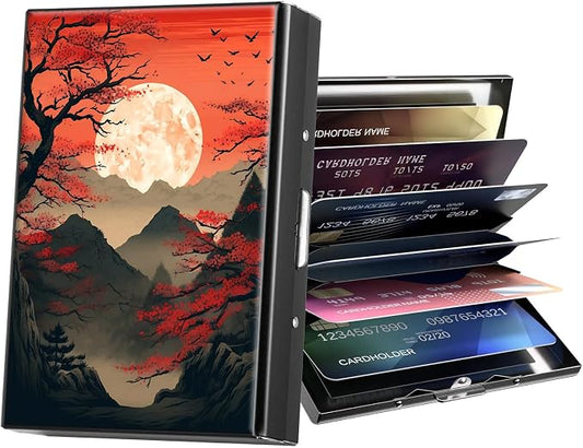 Metal Wallet,Credit Card Holder for Women Men,RFID Blocking Card Holder Wallet Mini Slim Aluminum Wallet ID Case Hard Card Case Business Card Holder Case,Sunset Moon Red