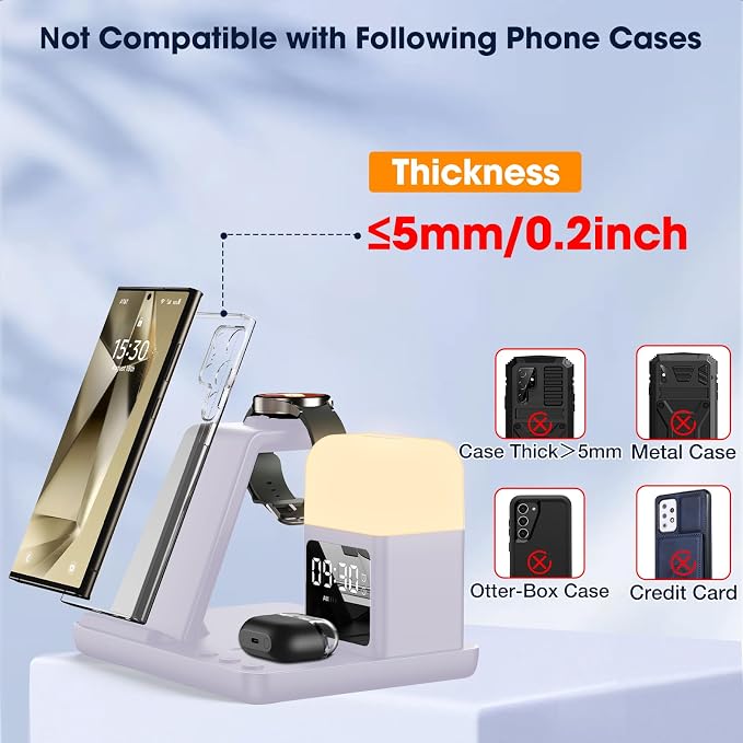 Wireless Charger for Samsung/Android, 6 in 1 Phone Nightstand Charging Station Charger with Alarm Clock/Night Light for Samsung S26/S25/S24 Ultra/Buds4,Watch Charger for Galaxy Watch 8/7/6/5