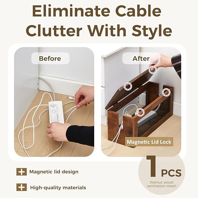 Chunful Extra Large Cable Management Box, 16'' Wood Cord Hider Organizer with Magnetic Lid & Organizer for Power Strip, TV Wires & Desk Cable Storage, Ventilation Hide Floor Cables (Rustic Brown)
