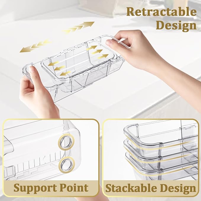 20 Pcs Adjustable Clear Drawer Organizer, Extendable Vanity Storage Bins, Desk Drawer Organizer Set for Makeup, Cosmetics, Bedroom, and Gadgets, Clear