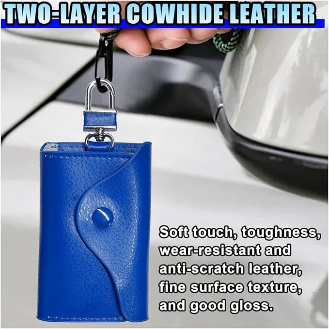 Leather Car Key Case Holder, Remote Key Fob Case with Keychain & Snap Closure – Universal Smart Keys Pouch for Men Women, Coin Holder Protection Bag with Metal Hook (Blue)