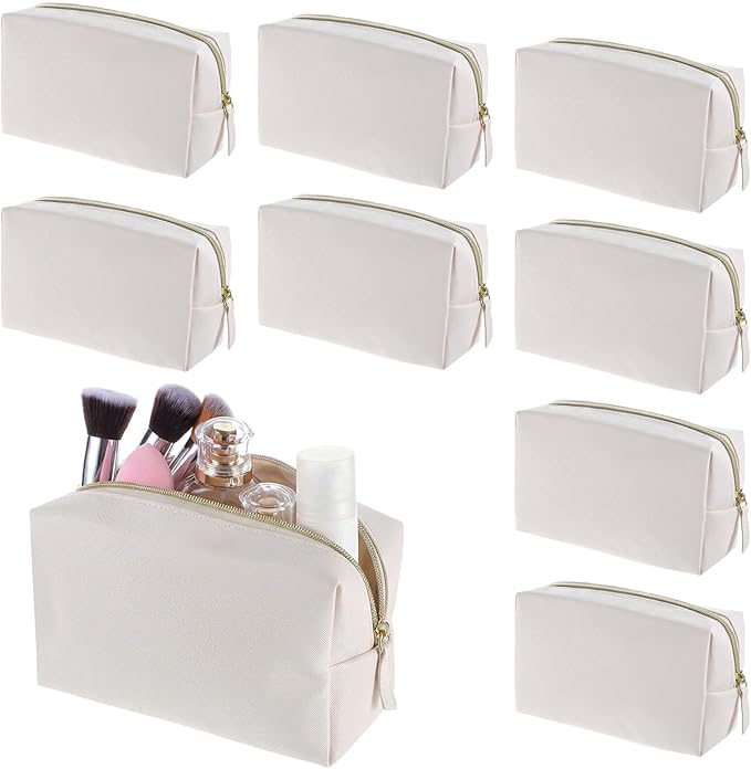 8 Pcs PU Leather Makeup Bag Bulk Set Waterproof Cosmetic Pouch Travel Organizer for Women Beige Toiletry Bag with Zipper Portable Multi-Functional Storage Bags