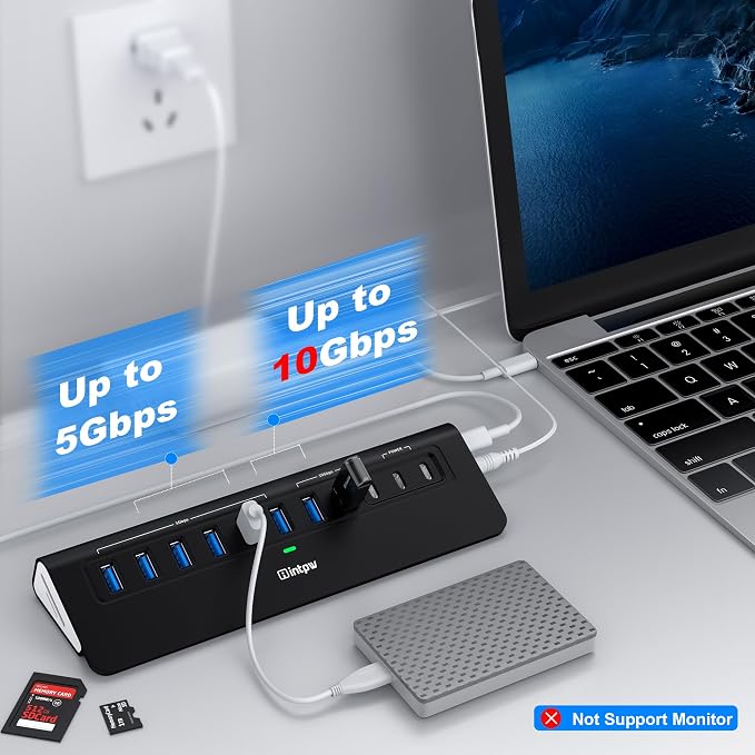 Powered USB Hub 10Gbps, Intpw YH9AC Plus 13-Port USB 3.2 Hub(USB A/USB C 3.2+6 USB-A 3.0+2 PD 45W Fast Charging Ports+SD/TF Card Reader), 65W Power Adapter,Aluminum USB HUB for PC,Laptop,iPhone 17/16