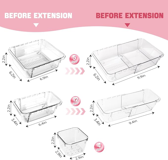 21 PCS Extendable Drawer Organizer Set, 3-Size Clear Stackable Vanity Storage Bins, BPA-Free Adjustable Non-Slip Acrylic Dressing Table Organizer Boxes for Makeup, Cosmetics, Office Supplies, Utensils