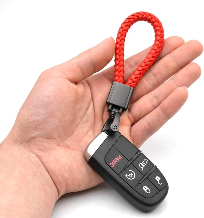 FEYOUN Universal Red Leather Car Fob Keychain Metal Keyring Woven Strap Braided Rope Key Chain for Men and Women - Matte Black Color, with 360 Degree Rotatable D-ring and Screwdriver
