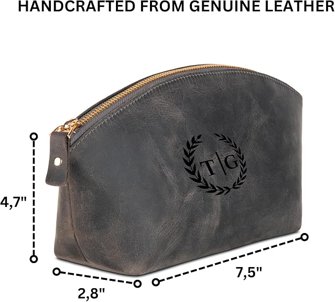Blade Premium Personalized Genuine Leather Cosmetic Makeup Bag - Wedding Gift for Bridesmaid, Travel Organizer Clutch for Women with Zipper Pouch for Toiletry Essentials (Gray)