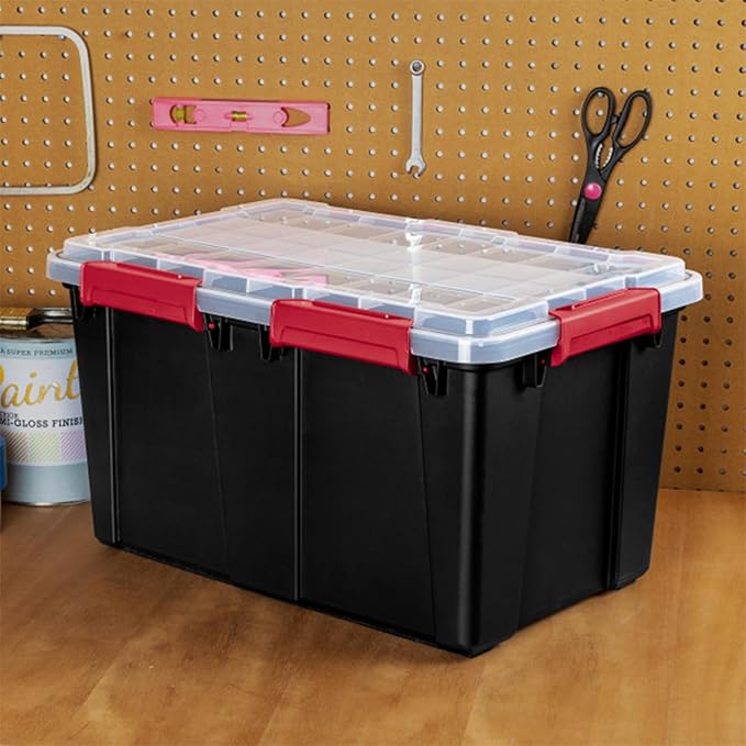 Sterilite 16 Pack Gasket Box, Stackable Plastic 13.5 Gallon Storage Container with Lids, Black - Waterproof and Dustproof Tote for Home Organization