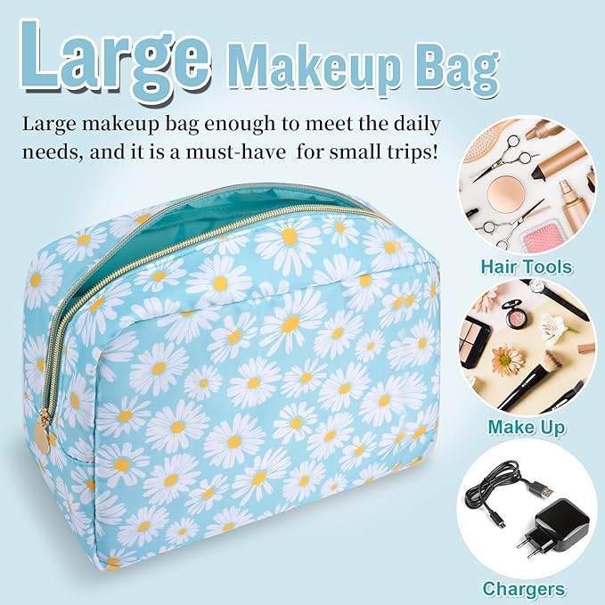 Nylon Large Floral Makeup Organizer Bag, Preppy Big Cute Flower Cosmetic Zipper Pouch Multi-compartment with Dividers, Waterproof Toiletry Make Up Brushes Bag Travel Essentials for Women(Blue-Daisy)