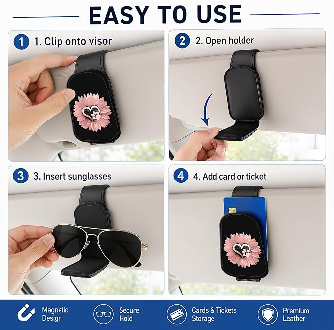 Leather Magnetic Sunglass Holder for Car Sun Visor, Cute Eyeglass Ticket Card Hanger Clip, Universal Auto Interior Accessories for SUV Pickup Truck, Sunflower Paw