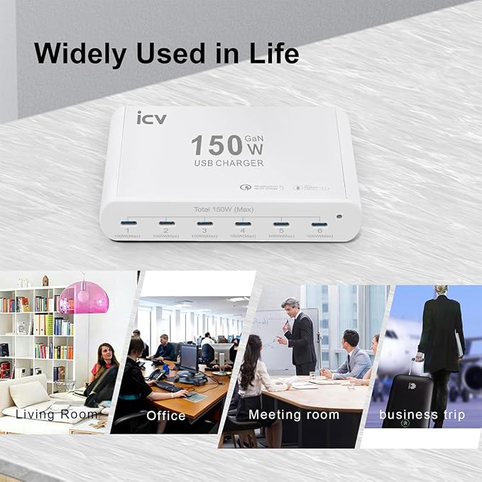 icv 150W PD Fast USB C Charging Station for Multiple Devices, 6-Port GaN 100W Type C Laptop Fast Charger Multiport USB Charging Station for MacBook, iPhone, Samsung, Galaxy, iPad, Android, White
