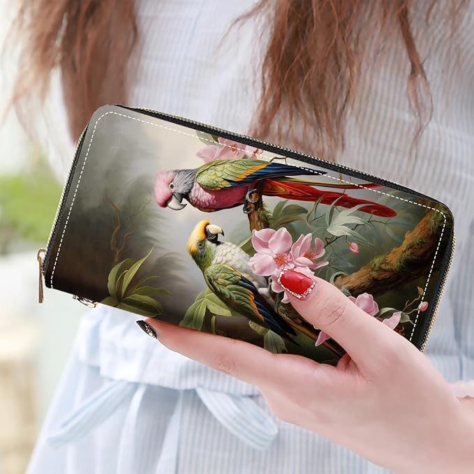Women's Large Capacity Wallet PU Leather Zip Around Clutch Purse Multifunctional Wallet with Removable Wristlet Strap for Smart Phone/Coin/Card/Cash, Parrot