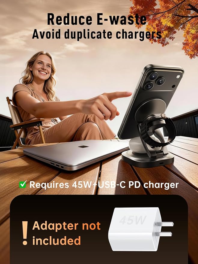 REWONDER Qi2.2 25W Magnetic 3-in-1 Wireless Charger, Foldable Aluminum Charging Stand for iPhone 17/16/15, Pixel, Apple Watch & AirPods, Strong Magnet Stable Base,Travel Charger (Adapter Not Included)