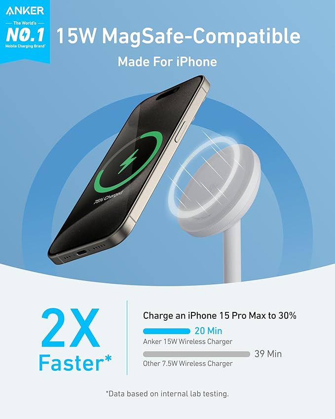Anker MagGo iPhone 17 MagSafe Charger Compatible Stand, 15W Fast Magnetic Wireless Charging Station, Qi2 Certified 360° Wireless Charger (White, with Cable)